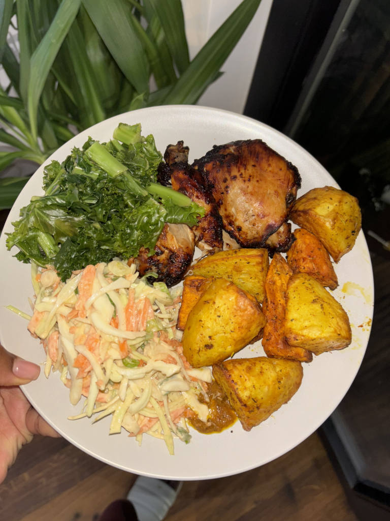 Roast white and sweet potatoes with air fried bbq chicken