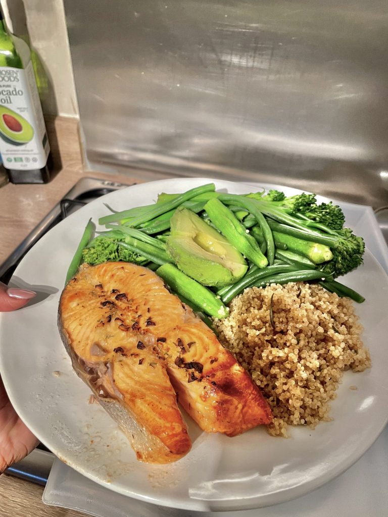 Salmon dinner with avocado, okra and sweet greens